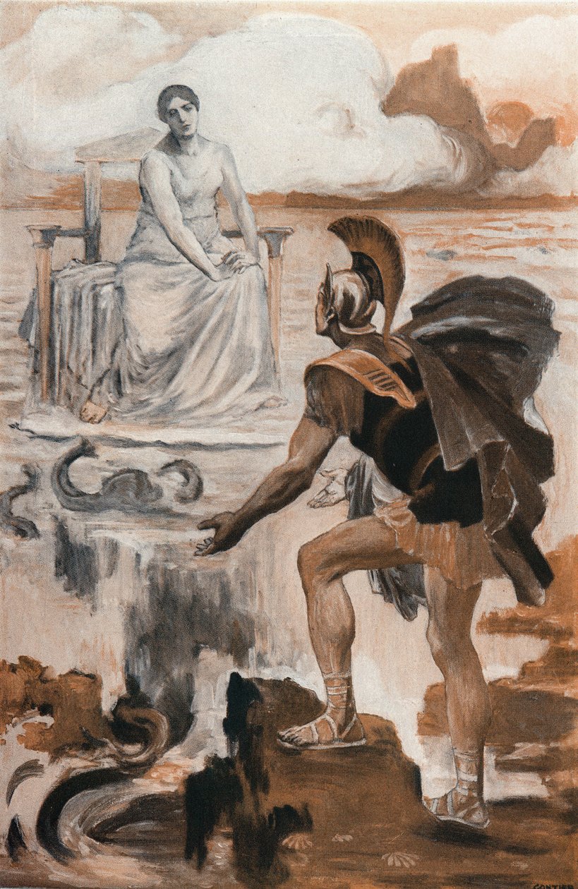 يستدعي أخيل والدته ثيتيس. رسم إيضاحي لكليمان غونتييه (1876-1918) لـ "الإلياذة" لهومير (أوميرو). باريس ، هنري لورينز بواسطة كليمنت جونتييه