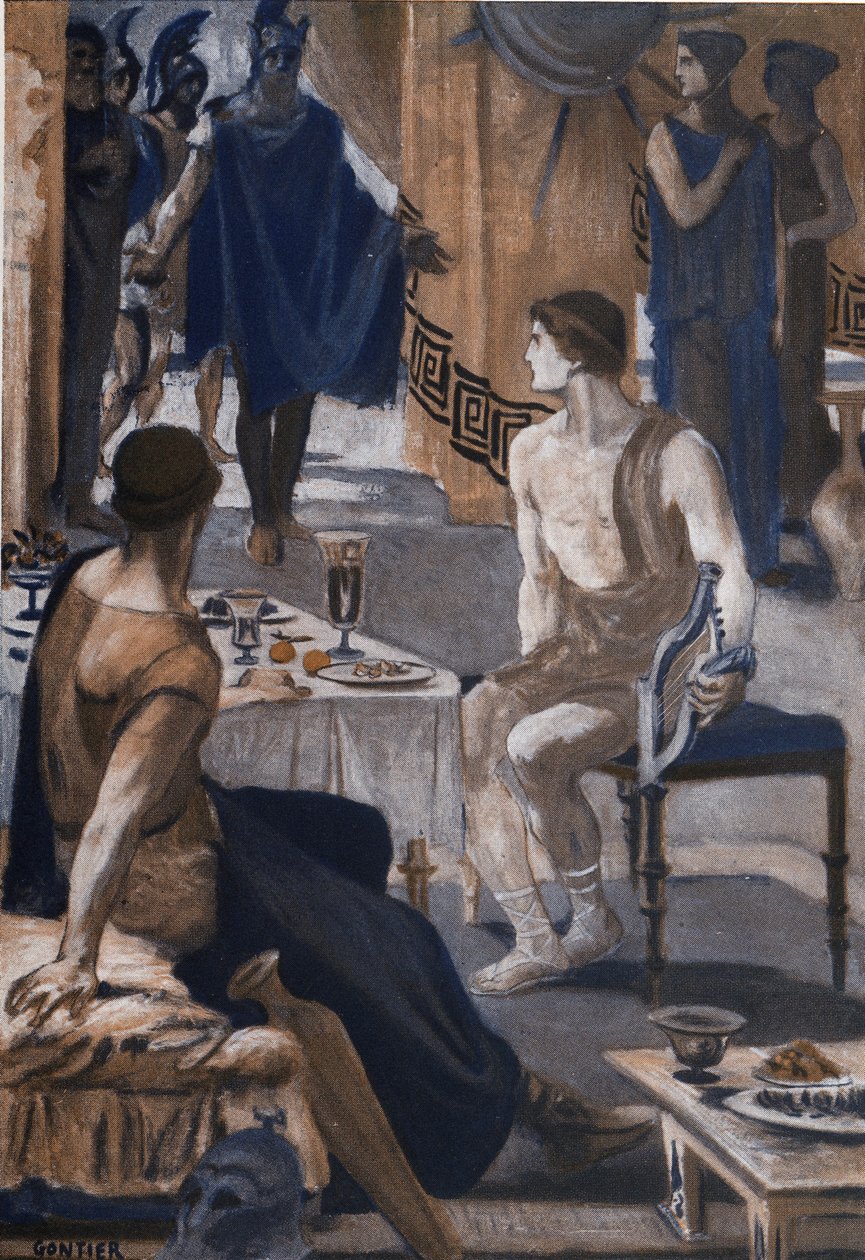 أخيل يستقبل مبعوثي أجاممنون. رسم إيضاحي لكليمان غونتييه (1876-1918) لـ "الإلياذة" لهومير (أوميرو). باريس ، هنري لورينز بواسطة كليمنت جونتييه