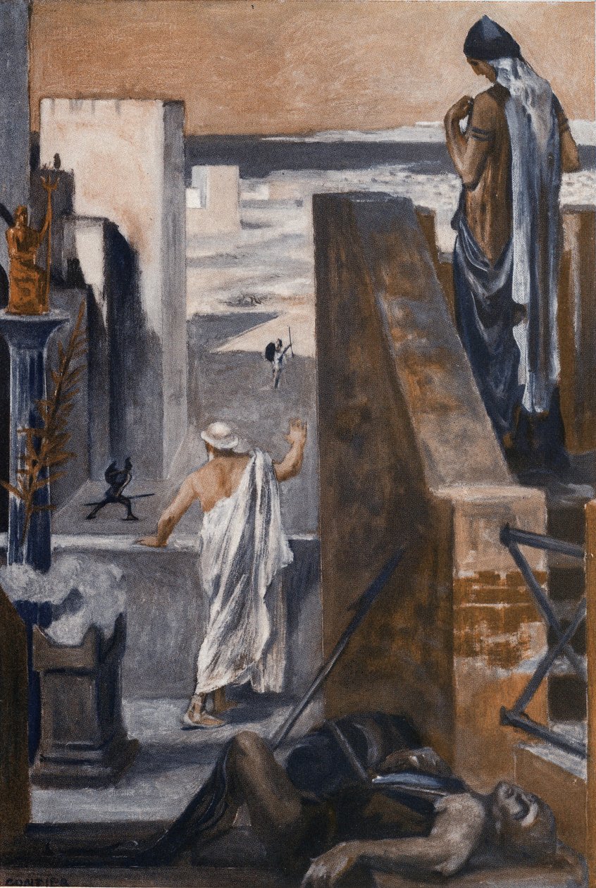 يتوسل والدا هيكتور إليه أن يتجنب الشجار. رسم إيضاحي لكليمان غونتييه (1876-1918) لـ "الإلياذة" لهومير (أوميرو). باريس ، هنري لورينز بواسطة كليمنت جونتييه