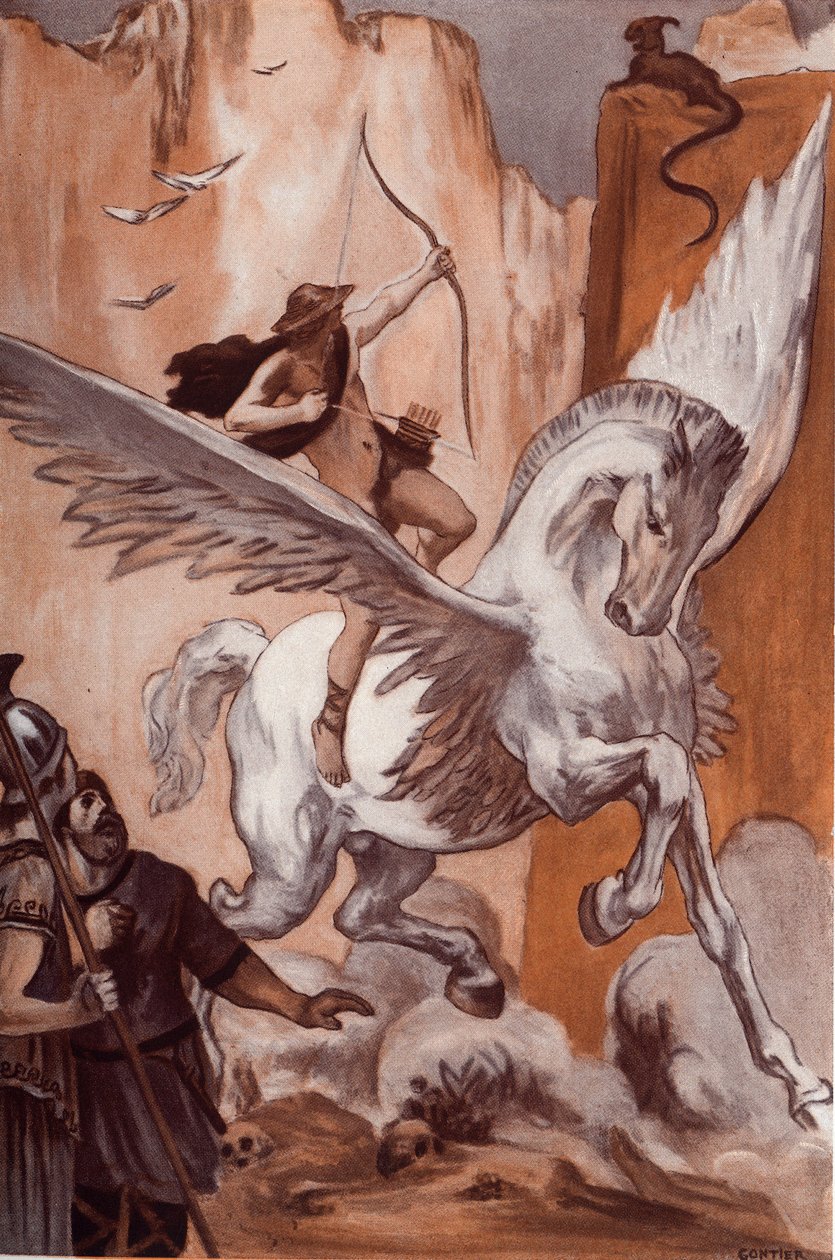 تاريخ Bellerophon: Bellerophon على حصانه Pegase يقتل Chimere. رسم إيضاحي لكليمان غونتييه (1876-1918) لـ "الإلياذة" لهومير (أوميرو). باريس ، هنري لورينز بواسطة كليمنت جونتييه