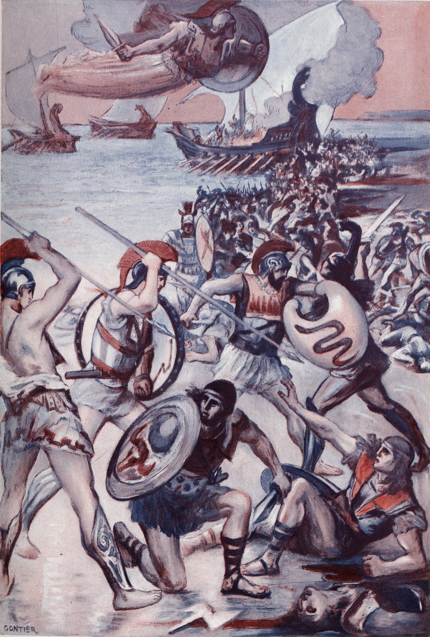 المعركة حول جسد باتروكلس. رسم إيضاحي لكليمان غونتييه (1876-1918) لـ "الإلياذة" لهومير (أوميرو). باريس ، هنري لورينز بواسطة كليمنت جونتييه