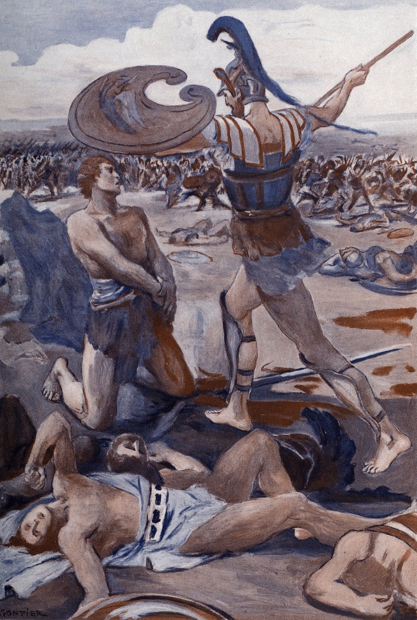 وفاة باتروكليس: هيكتور يقتل باتروكلس. رسم إيضاحي لكليمان غونتييه (1876-1918) لـ هوميروس "الإلياذة" (أوميرو). باريس ، هنري لورينز بواسطة كليمنت جونتييه