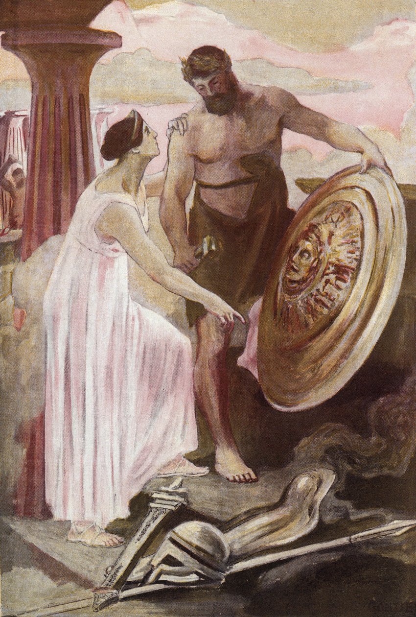 درع أخيل الذي أنشأه فولكان. رسم إيضاحي لكليمان غونتييه (1876-1918) لـ هوميروس "الإلياذة" (أوميرو). باريس ، هنري لورينز بواسطة كليمنت جونتييه