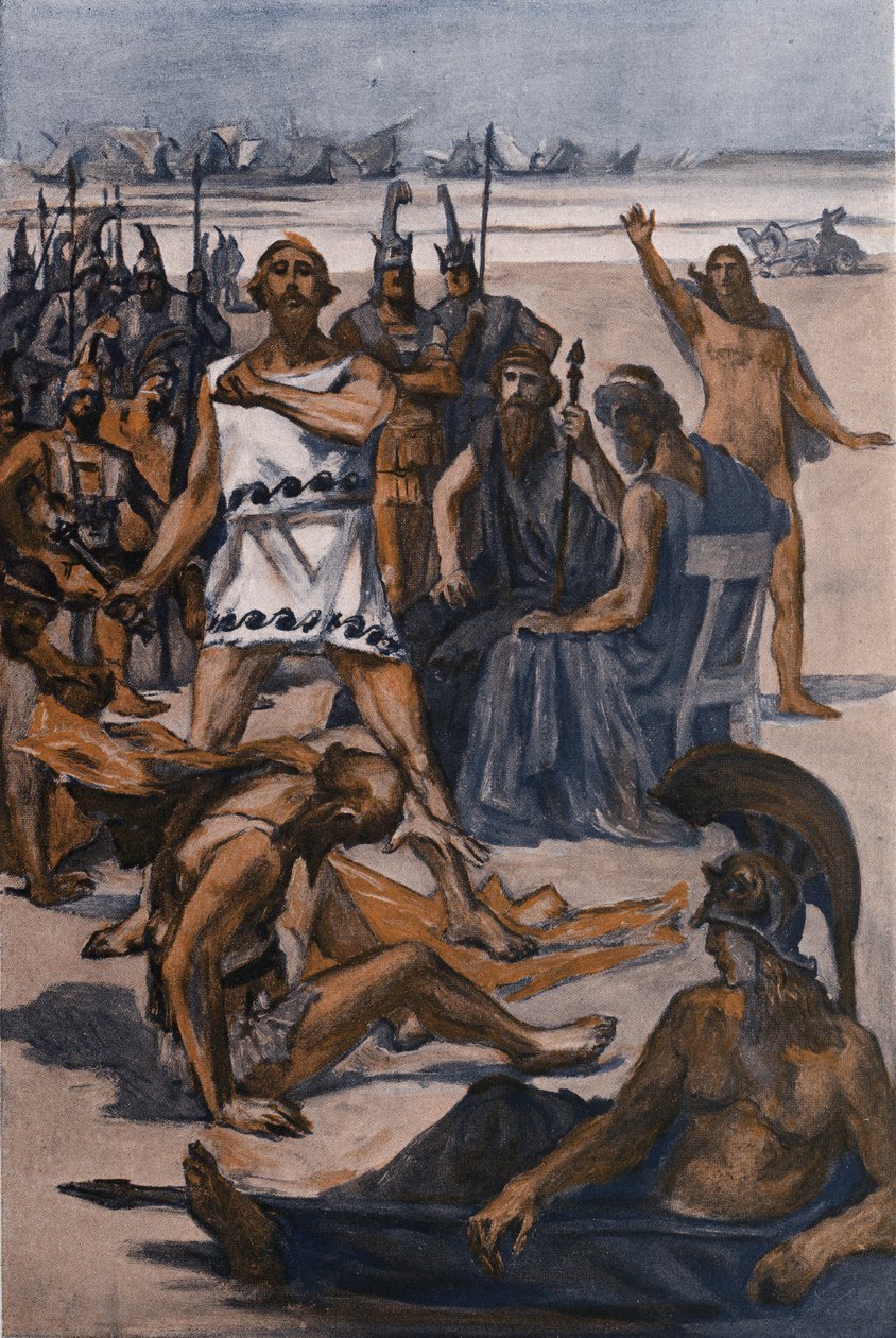 ثرسيت يضرب من قبل يوليسيس. رسم إيضاحي لكليمان غونتييه (1876-1918) لـ "الإلياذة" لهومير (أوميرو). باريس ، هنري لورينز بواسطة كليمنت جونتييه
