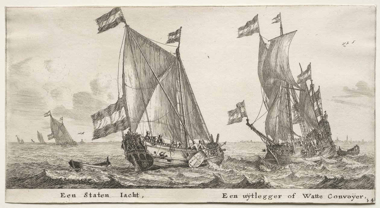 سفن ومناظر مختلفة لأمستردام (Verscheÿde Ships and Gesichten van Amstelredam) ، الجزء الثاني: يخت الأميرالية الهولندي. سفينة حراسة بواسطة كليمنت دي جونغهي