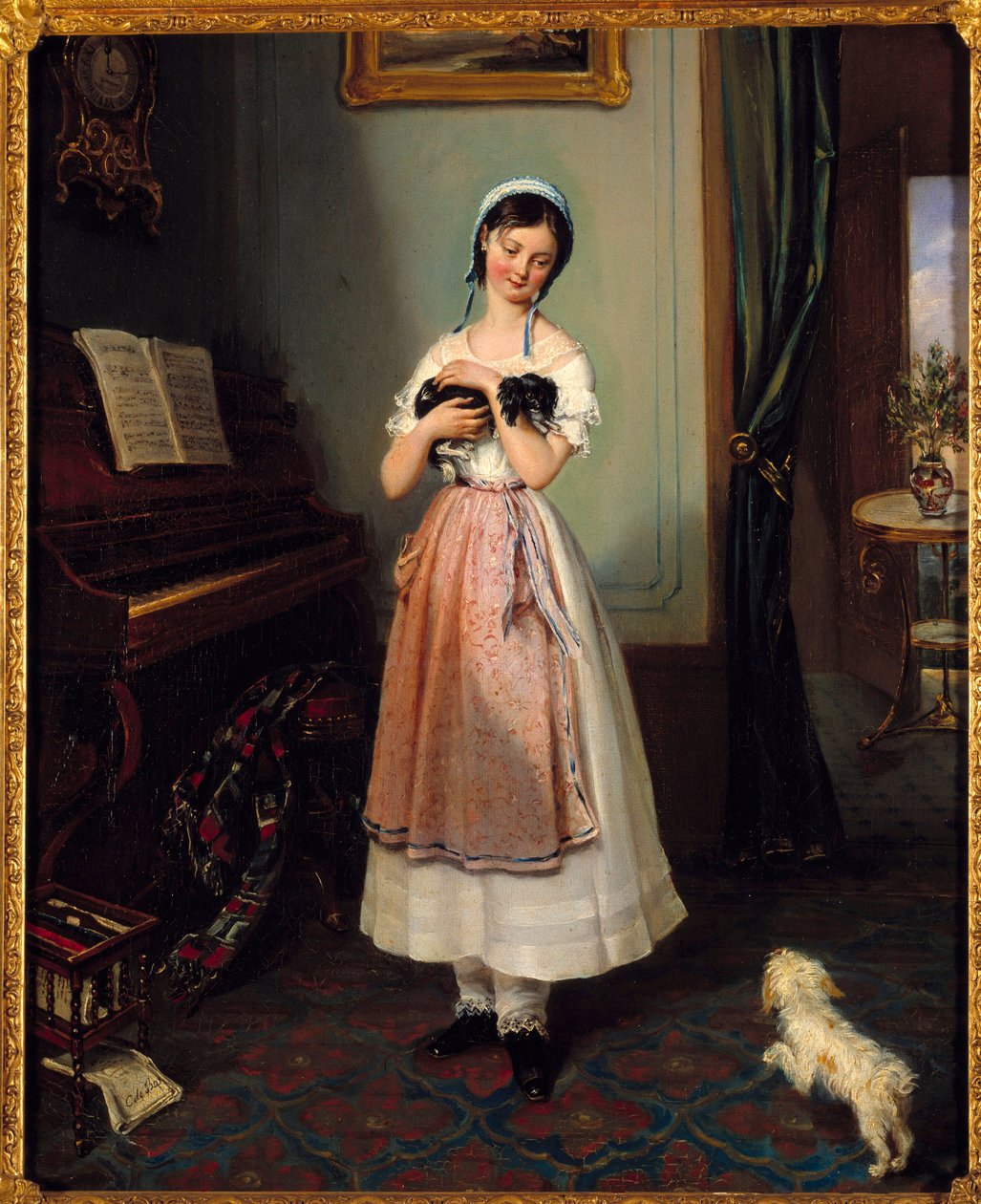 فتاة صغيرة في الداخل البرجوازي مع كلبين. رسم لكليمنتين دي بار (1807-1856) القرن التاسع عشر في باريس ، غاليري جاروش بواسطة كليمنتين دي بار