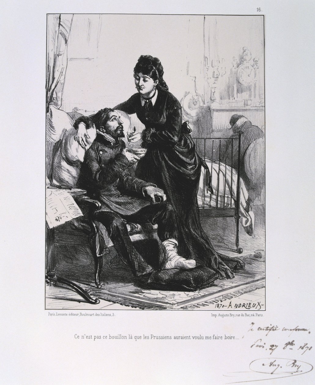 الحرب الفرنسية البروسية 1870-1871: جندي جريح يتم رعايته وتغذيته. من سلسلة من المطبوعات الحجرية لكليمنت أوغست أندريو على جاردس ناشوناليس. بواسطة كليمنت أوغست أندريو