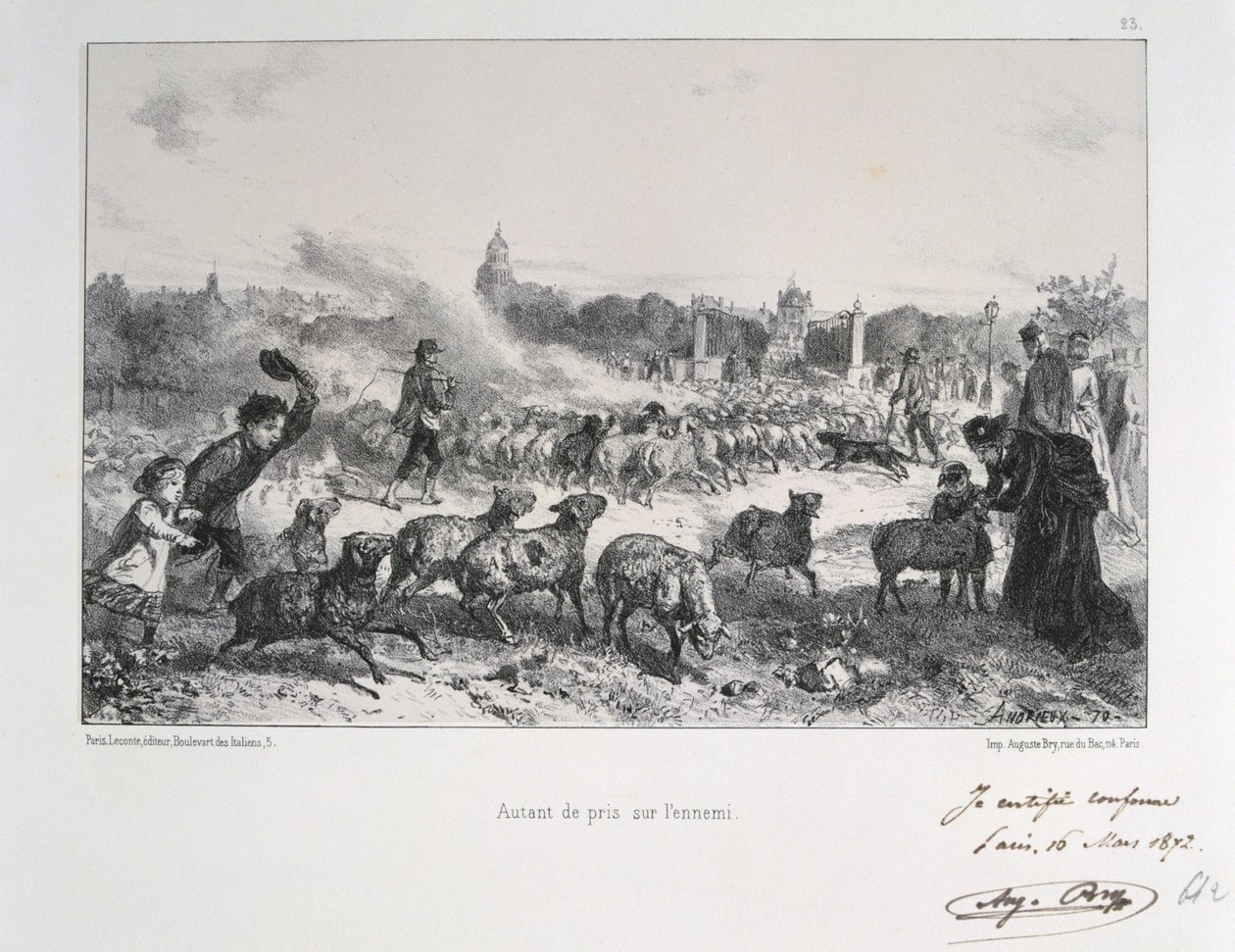 الحرب الفرنسية البروسية 1870-1871: طرد قطيع من الأغنام لحرمانهم من الوقوع في أيدي البروسيين. من سلسلة من المطبوعات الحجرية لكليمنت أوغست أندريو على جاردس ناشوناليس. بواسطة كليمنت أوغست أندريو