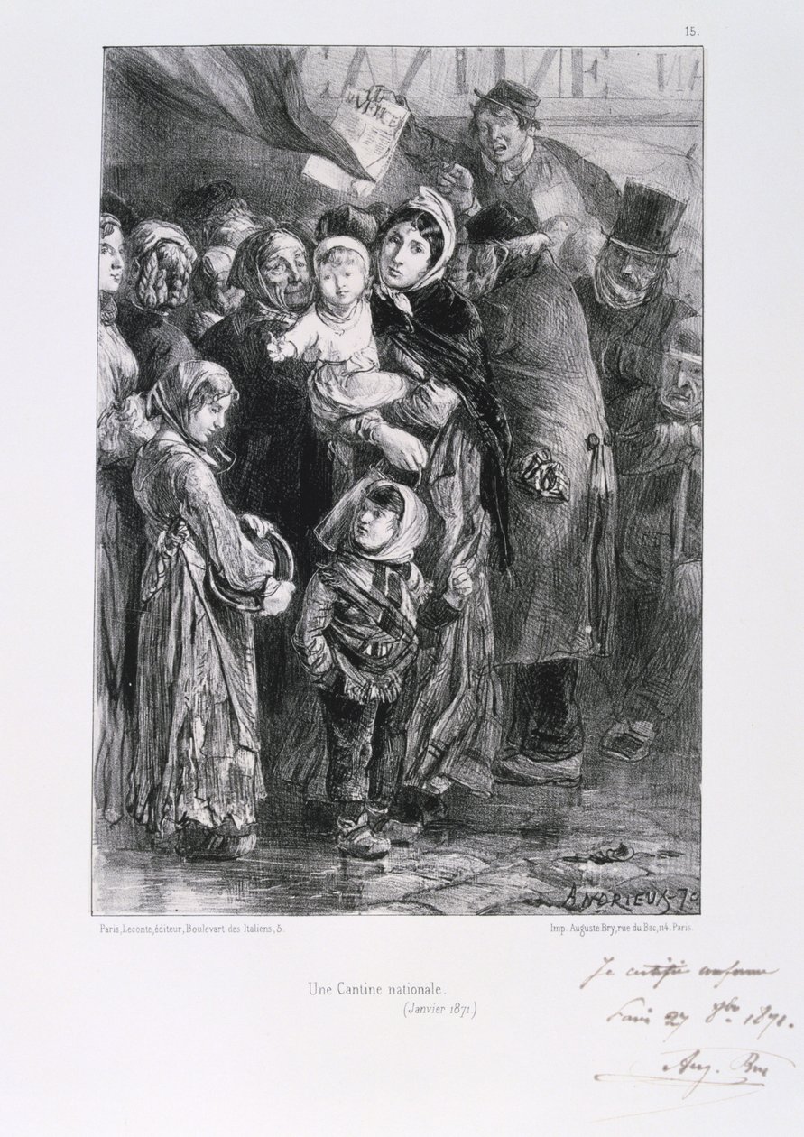 الحرب الفرنسية البروسية 1870-1871. حصار باريس 19 سبتمبر 1870-28 يناير 1871. مطبخ حساء وطني في باريس ، يناير 1871. من سلسلة من المطبوعات الحجرية لكليمان أوجست أندريو على جاردس ناشونالز. نقص الغذاء الجوع بواسطة كليمنت أوغست أندريو