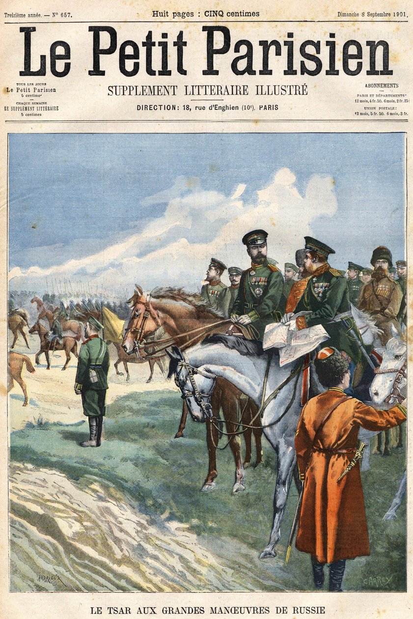 القيصر (نيكولاس الثاني) لمناورات روسيا العظيمة. غلاف “Le Peute Parisien” ”من 08/09/1901. بواسطة كليمنت أوغست أندريو