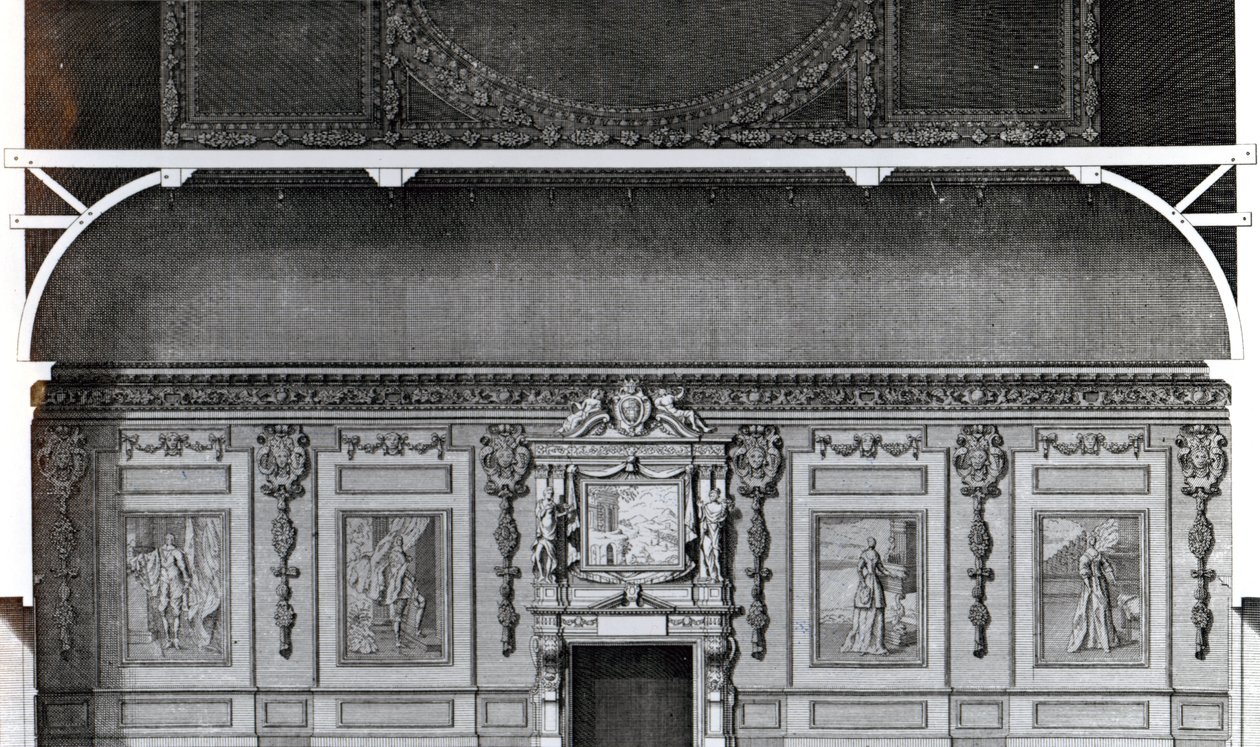 قسم من غرفة الطعام الكبرى في Wilton ، بعد تصميم من قبل Inigo Jones ، نقش بواسطة H. Hulsbergh ، تم نشره في "Vitruvius Britannicus" ، 1717 بواسطة كولين كامبل