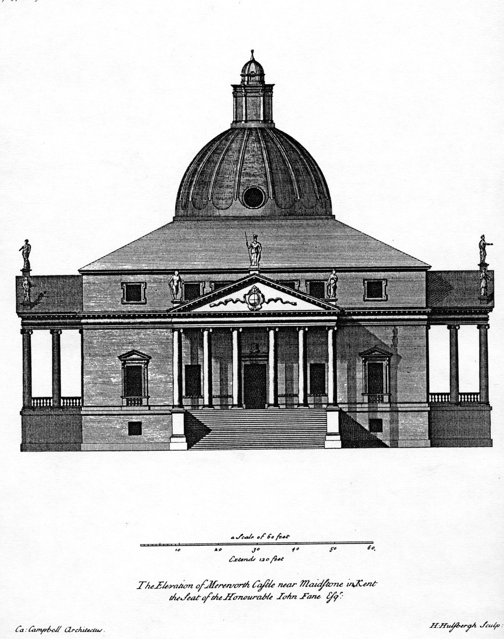 ارتفاع قلعة ميرورث ، محفورة من قبل H. Hulsbergh ، c.1722-24 بواسطة كولين كامبل