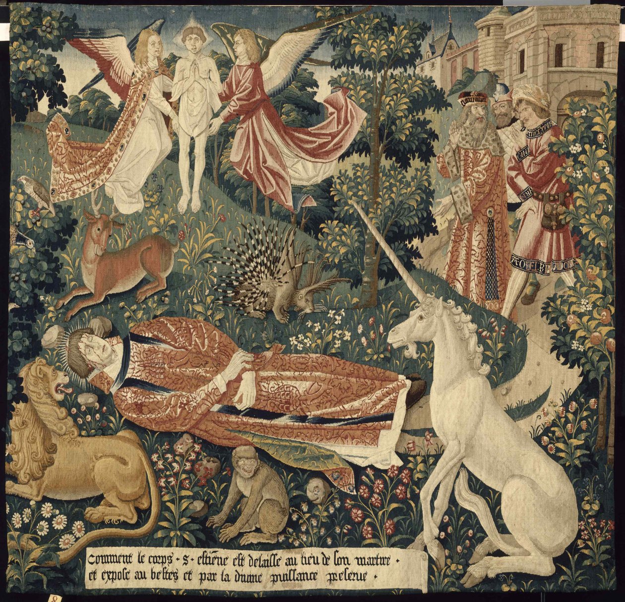 وحيد القرن. من: The Hanging of Saint Stephen. المشهد الثامن: جسد الشهيد مكشوف للوحوش ج. 1500. بواسطة كولين دي كوتر بعد