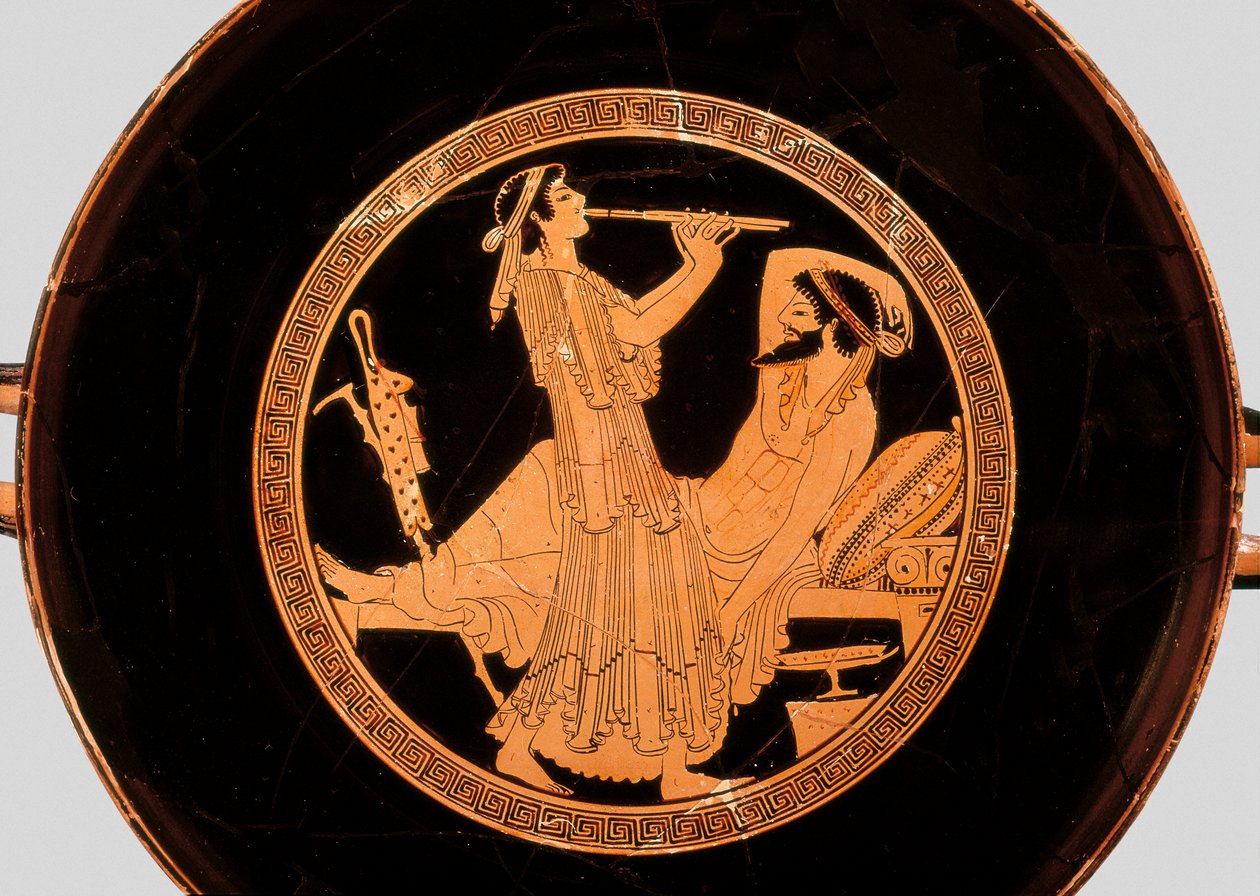عازف الولائم والناي المزدوج ، تفاصيل من كوب kylix أو العلية الأحمر الشكل ، حوالي 490 قبل الميلاد (الطين) بواسطة كولمار رسام