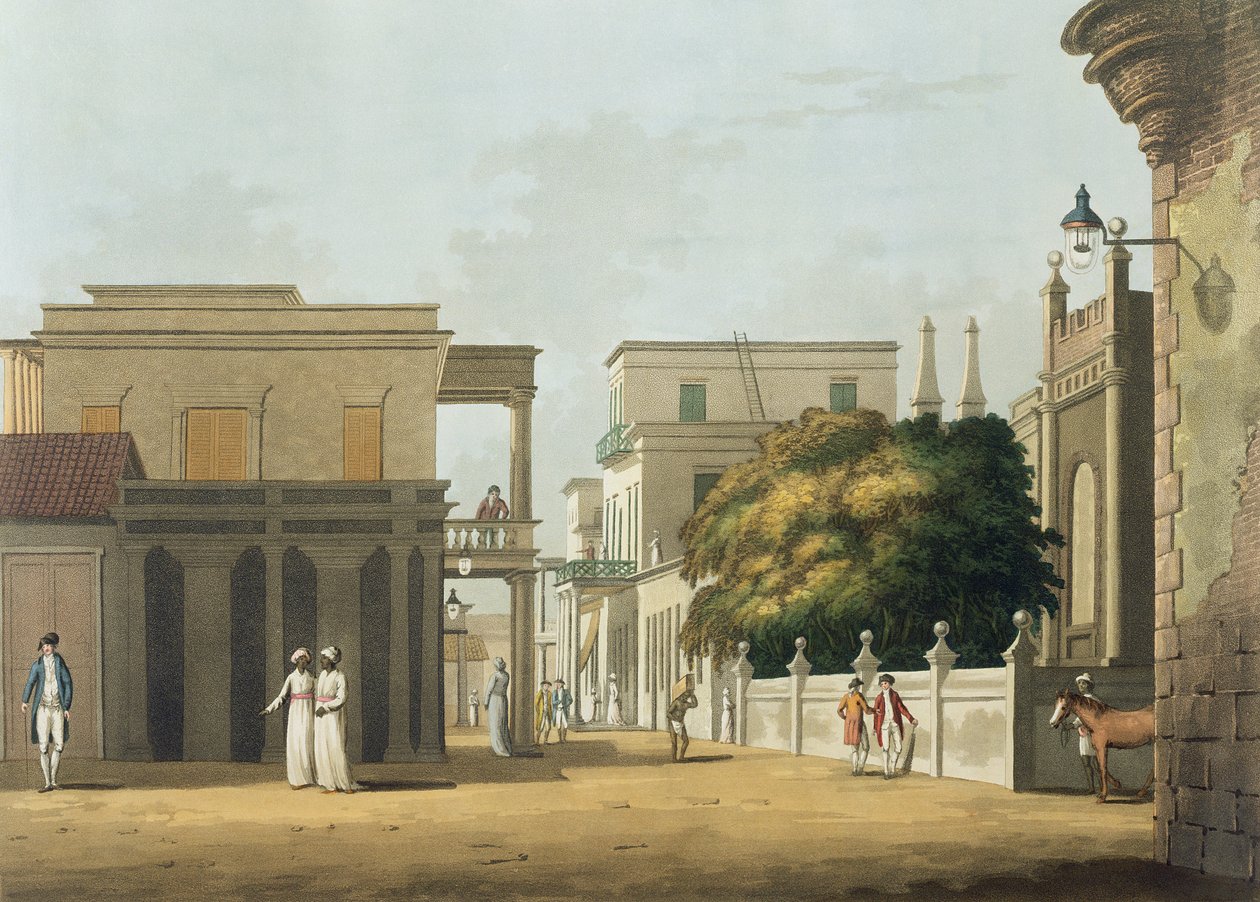 منظر لجزء من شارع سانت ثومي ، حصن سانت جورج ، اللوحة 12 من "أربعة وعشرون مناظر في هندوستان" ، نقش بواسطة H. Merke ، حانة. بقلم إدوارد أورم (1774 - 1820) 1804 (أكواتينت) بواسطة العقيد فرانسيس سوين وارد