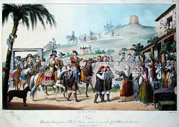 موكب الزفاف في منطقة كالياري بإيطاليا ، نقش بواسطة بيزارد 1825 (ليثو ملون) بواسطة كومينوتي كومينوتي