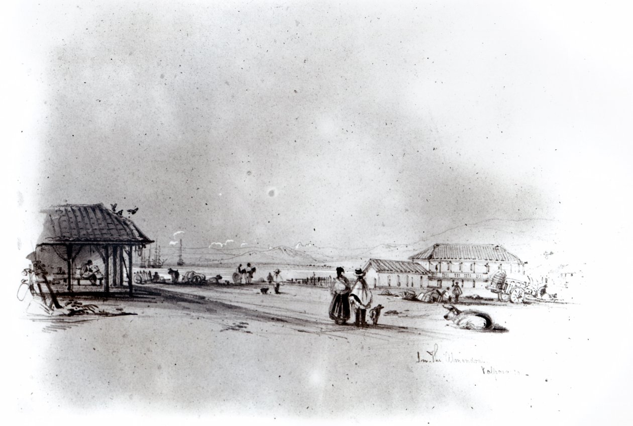 منظر لفالبارايسو ، 1834 (قلم رصاص ومرحاض على ورق) بواسطة كونراد مارتنز