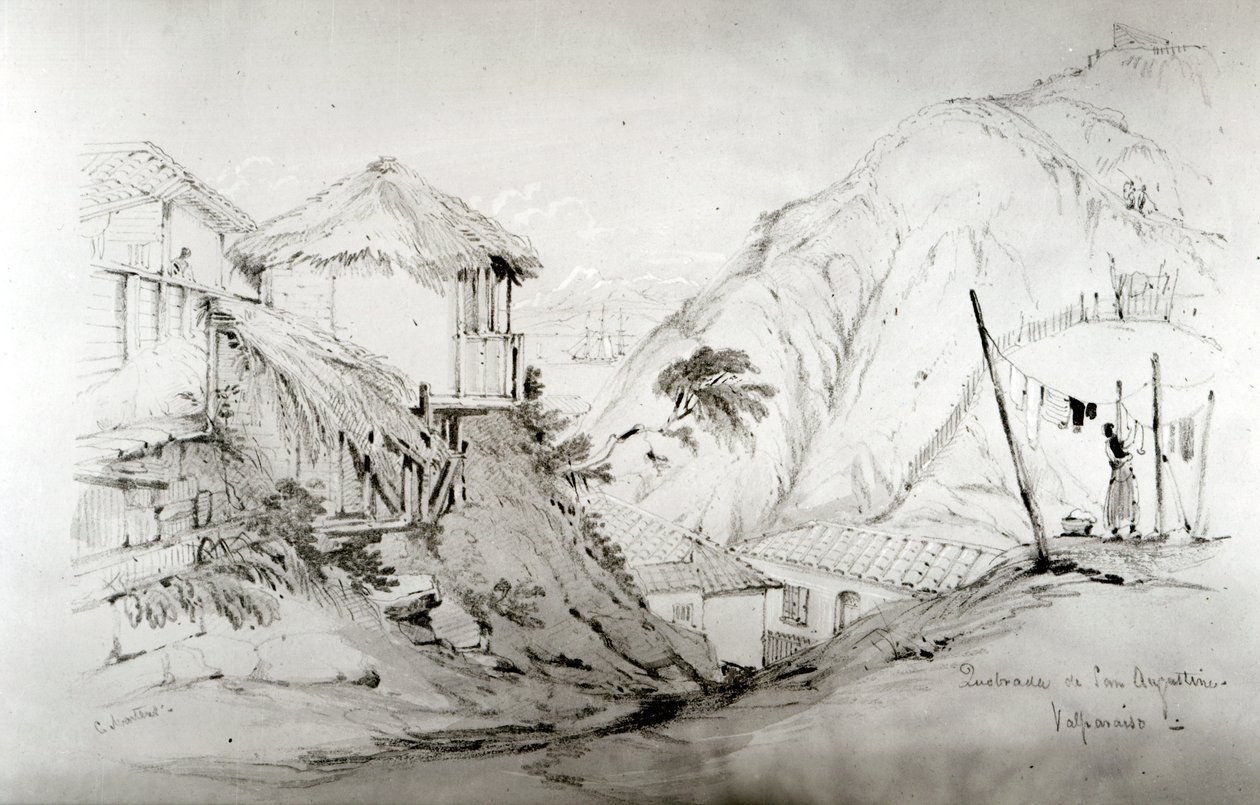 منظر لفالبارايسو ، 1834 (قلم رصاص ومرحاض على ورق) بواسطة كونراد مارتنز