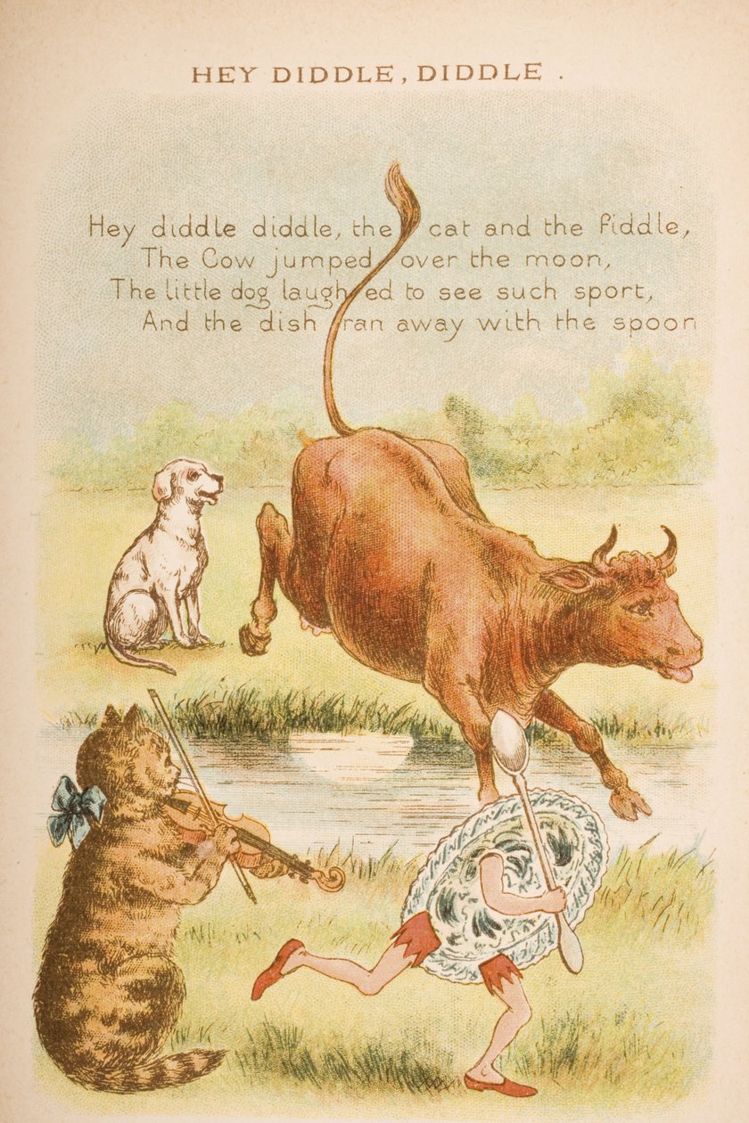 Hey Diddle ، Diddle ، من "Old Mother Goose&39;s Rhymes and Tales" ، نشرته شركة Frederick Warne und Co. ، c.1890s (chromolitho) بواسطة كونستانس هاسليوود