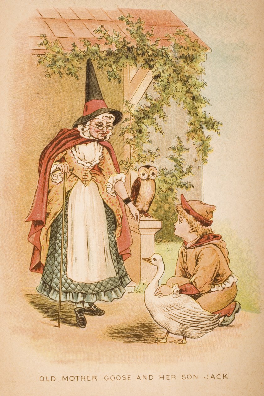 Old Mother Goose وابنها ، Jack ، الغلاف الأمامي لـ "Old Mother Goose&39;s Rhymes and Tales" ، نشرته شركة Frederick Warne und Co.، c.1890s (chromolitho) بواسطة كونستانس هاسليوود