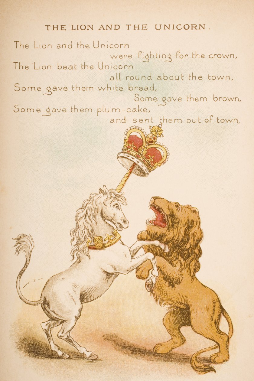 The Lion and the Unicorn ، من "Old Mother Goose&39;s Rhymes and Tales" ، نشرته شركة Frederick Warne und Co. ، c.1890s (chromolitho) بواسطة كونستانس هاسليوود