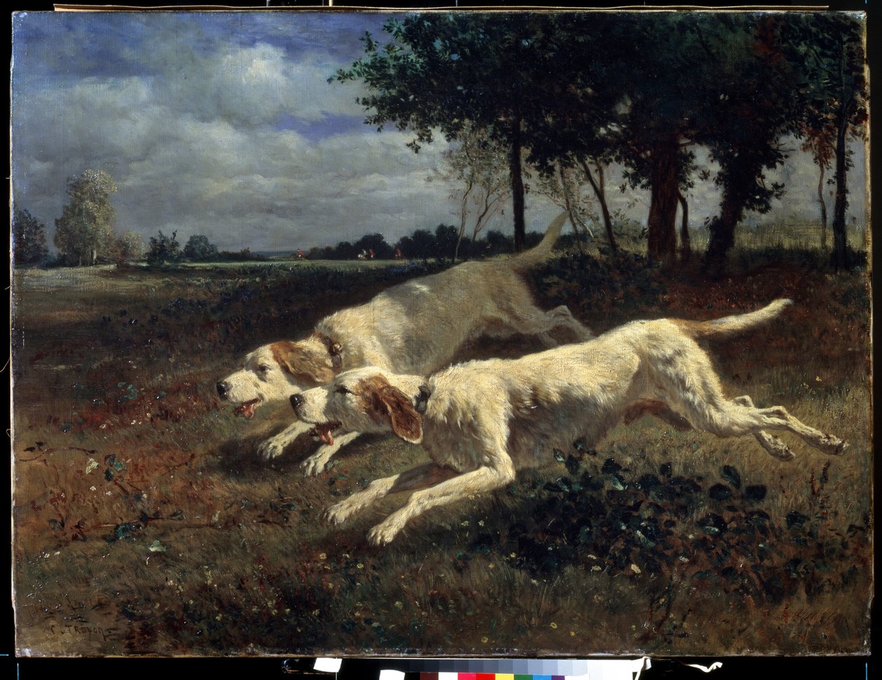 كلاب الجري. لوحة بواسطة كونستانت ترويون (1810-1865). زيت على قماش ، ٧٥ × ١١ سم بواسطة ثابت اميل ترويون