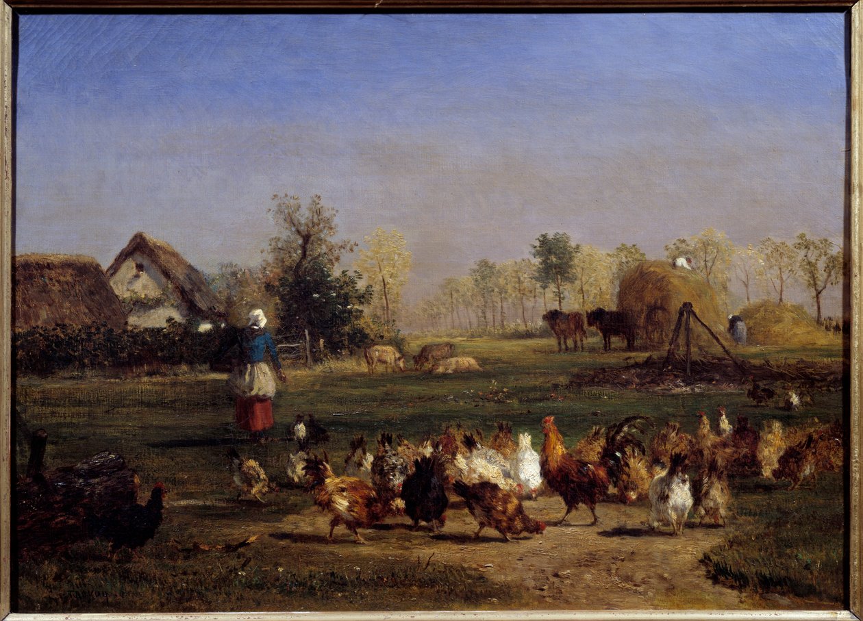 La provende des hens La basse Cour (Basse-cour). رسم بواسطة كونستانت ترويون (1810-1865) القرن التاسع عشر. 0،51 × 0،7 م - علف الدجاج. المزرعة. لوحة بقلم كونستانت ترويون (1810-1865) بواسطة ثابت اميل ترويون