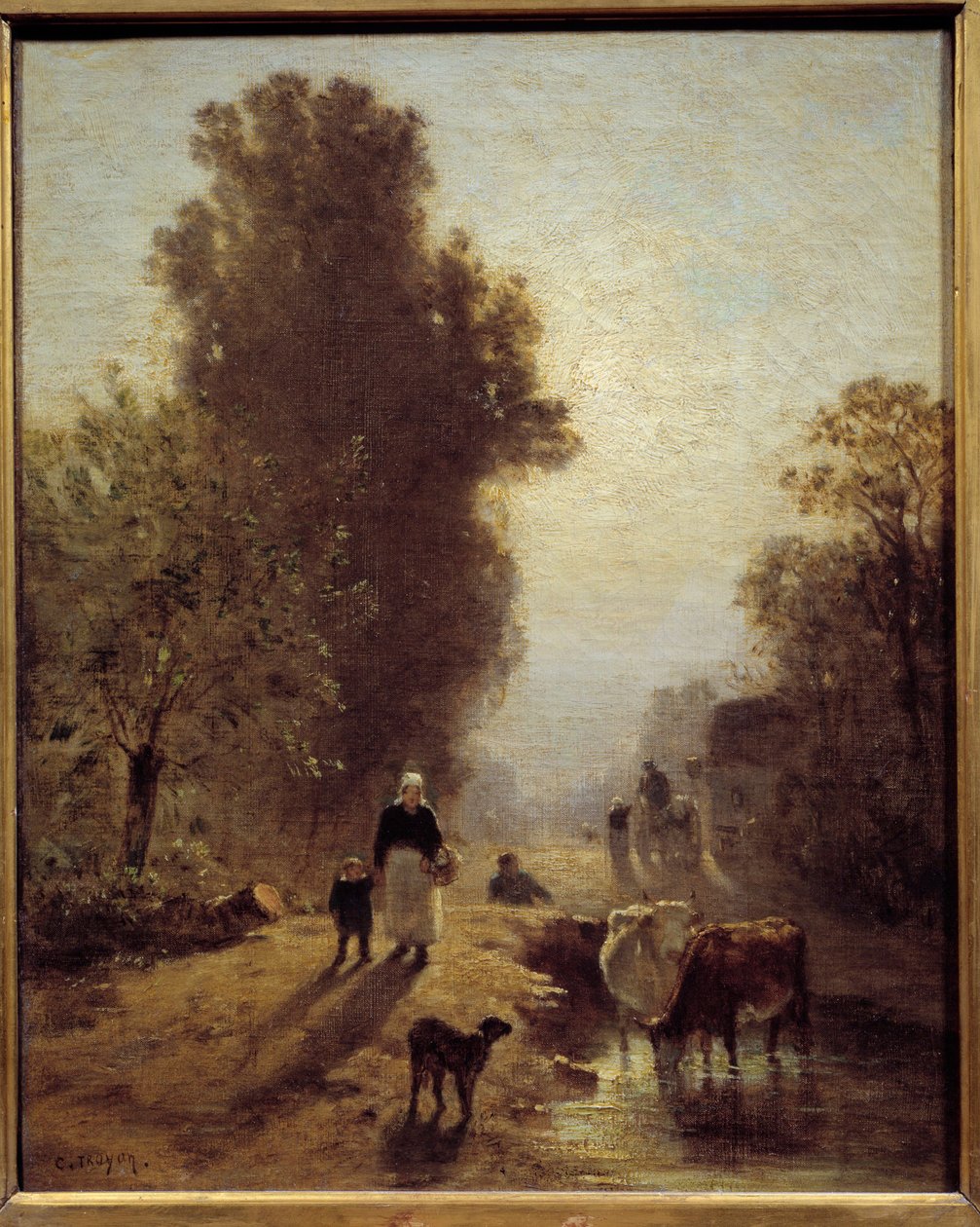وفي الصباح يرحل الفلاحون في ضباب الفجر. رسم بواسطة كونستانت ترويون (1810-1865) القرن التاسع عشر. 0،41 × 0،32 م بواسطة ثابت اميل ترويون