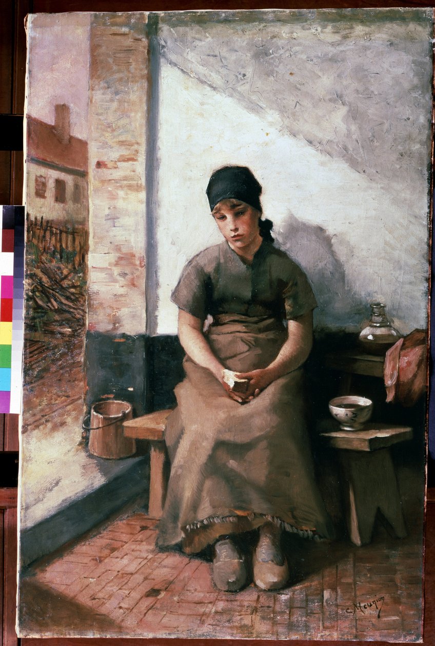 "Un petit-dejeuner de servante" (فطور للخادمة) خادمة شابة بتعبير حزين ، ترتدي قباقيب ، ووشاح على رأسها ، بالقرب منها وعاء من القهوة وقطعة خبز في يديها كوجبة إفطار. لوحة من بواسطة قسطنطين إميل مونيير