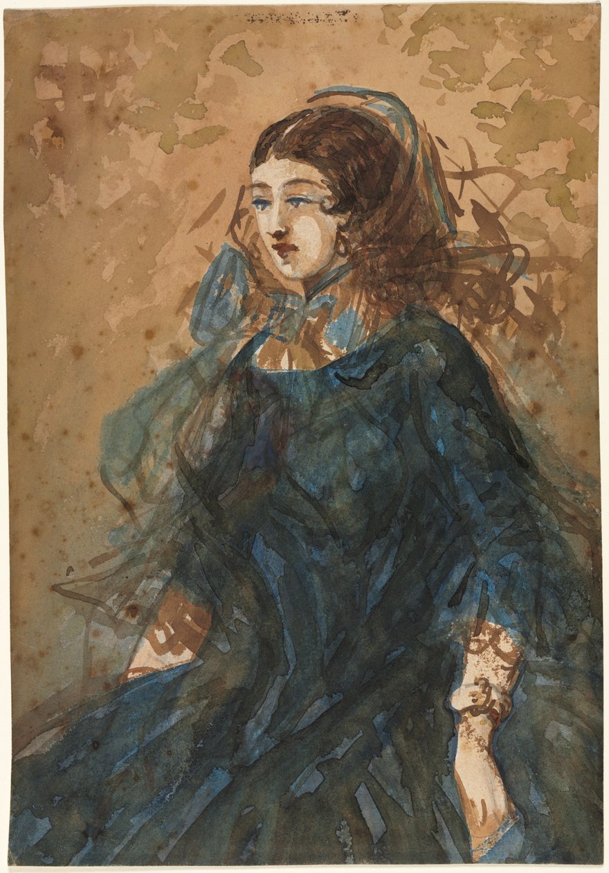 امرأة في ثوب أزرق مستطيل ، مشهد مخيمات الحرب ، 1855-1860. بواسطة قسطنطين الرجال
