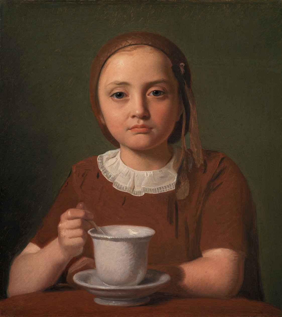 دنماركية  En lille pige, Elise Købke, med en kop foran sig صورة لفتاة صغيرة، إليز كوبكه، وأمامها كأس بواسطة كونستانتين هانسن