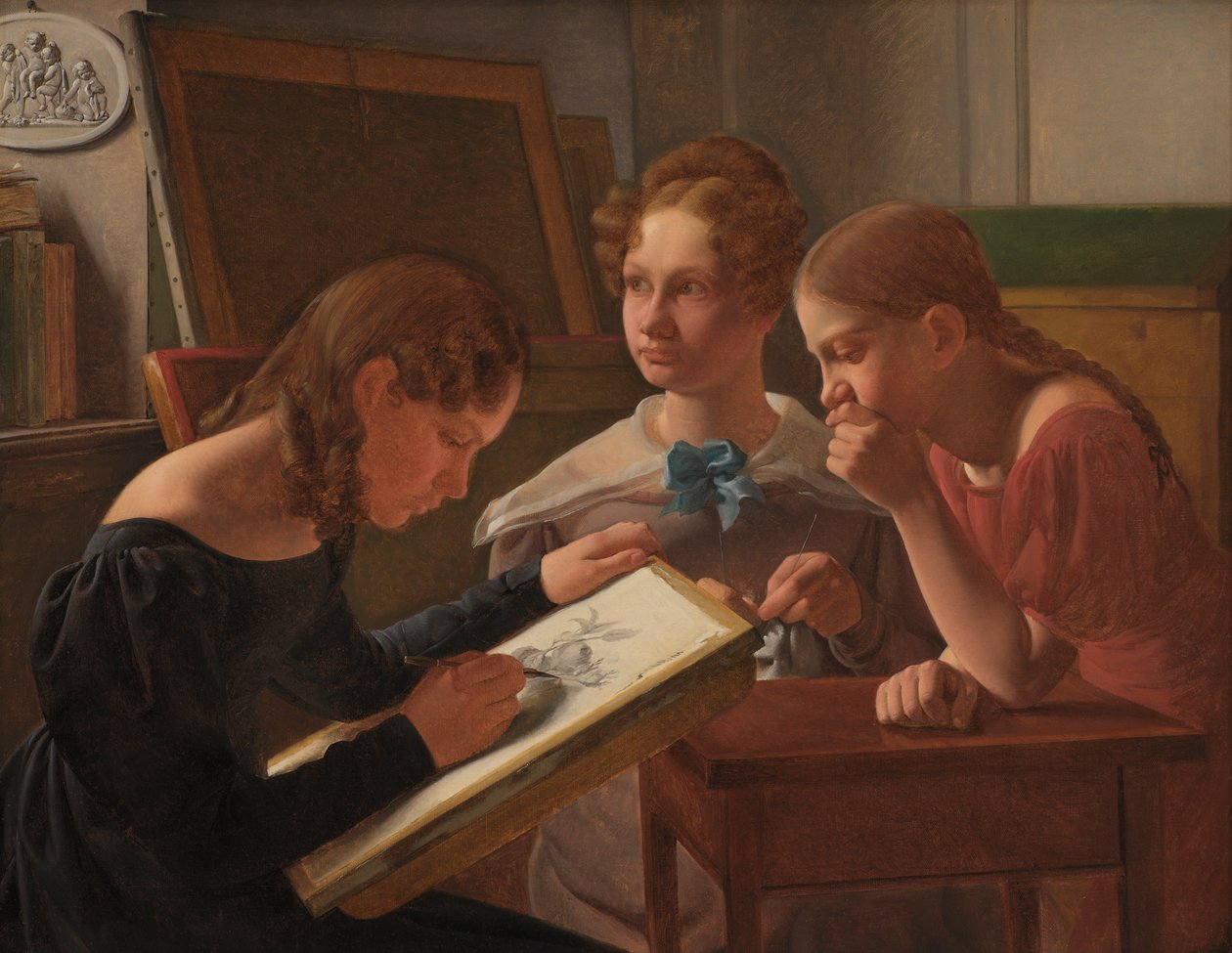 ثلاث فتيات صغيرات. The Artists Sisters: Alvilde، Ida and Henriette، 1827 بواسطة كونستانتين هانسن