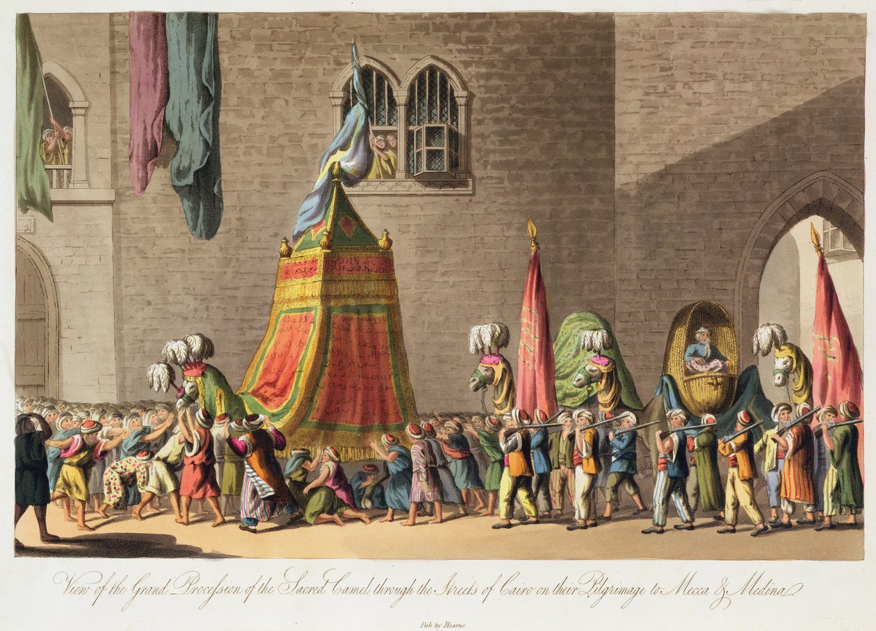 منظر من الموكب الكبير للجمال المقدس عبر شوارع القاهرة في رحلة إلى مكة والمدينة ، حانة. 1822 بواسطة كوبر ويليامز