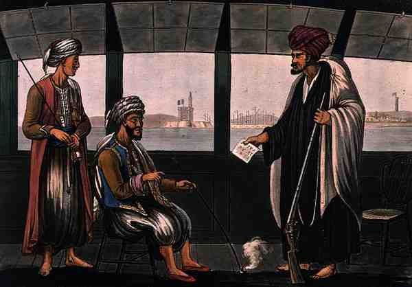العرب على متن السفينة Swiftsure ، نقشها جوزيف قسطنطين ستادلر (من 1780 إلى 1812) نشره آي. وايت ، لندن بواسطة كوبر (بعد) ويليامز