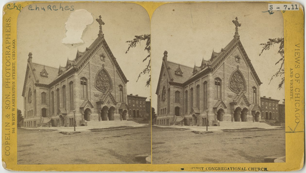 صورة مجسمة للكنيسة الجماعية الأولى ، شيكاغو ، c.1870 (صورة وزن الجسم على حامل البطاقة) بواسطة كوبلين وهين كوبلين وهين