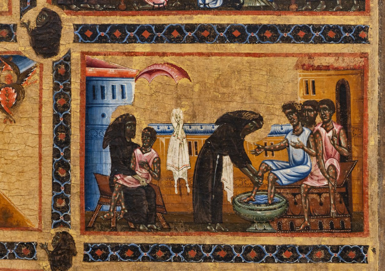 باردي القديس فرنسيس مذبح وعشرين قصة من حياته ، مصلى باردي ، تفاصيل القديس الذي يعلم البرص ، وهو يمسك أحدًا بين ذراعيه ويغسل أرجل الآخرين بواسطة Coppo di Marcovaldo