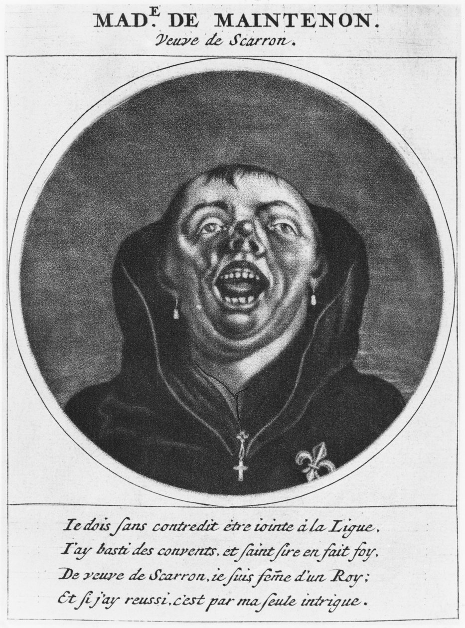 الرسوم الكاريكاتورية البروتستانتية لمدام دي مينتينون ، رسم توضيحي من "Les Heros de La Ligue ou La Procession monacale ، الذي أجراه لويس الرابع عشر ، لتحويل البروتستانت من مملكته" ، باريس ، تشي بواسطة كورنيليس وجول ، يعقوب دوسارت