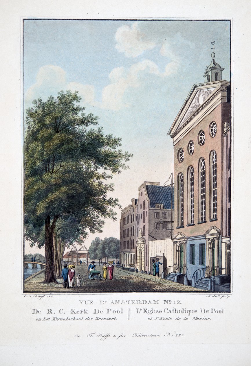 منظر أمستردام رقم 12. من RC Kerk De Pool en het Kweekschool der Zeeraart. كنيسة دي بول الكاثوليكية والمدرسة البحرية ، 1825 (نقش يدوي) بواسطة كورنيليس دي كرويف