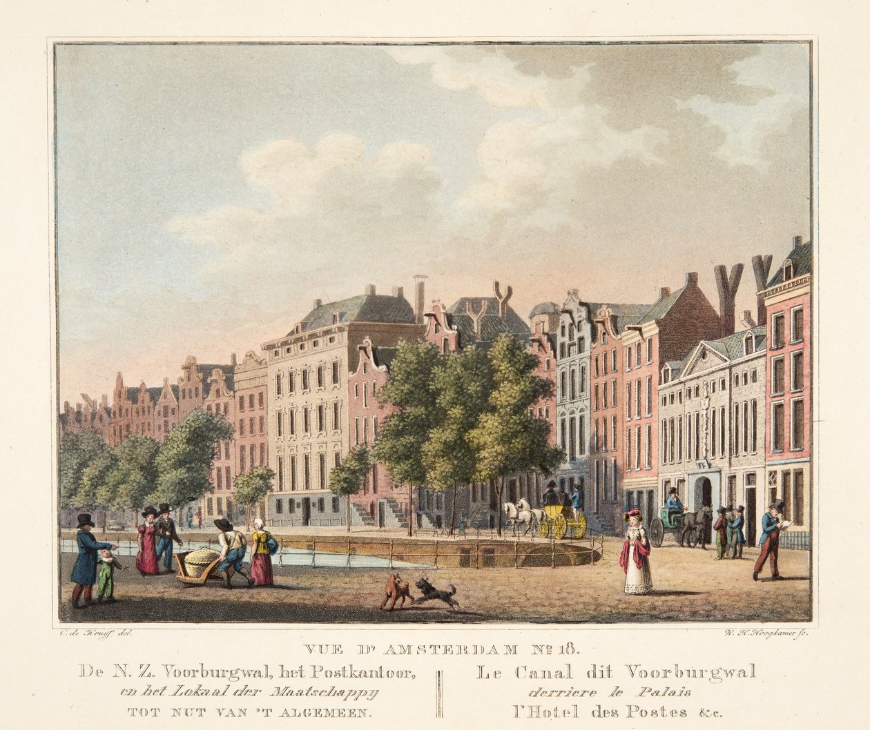 Vue d&39;Amsterdam رقم 18. NZ Voorburgwal و Post Office و Local der Maatschappy لصالح الجنرال. Le Canal dit Voorburgwal derriere le Palais l&39;Hotel des Postes etc، 1825 (ألوان يدوية) بواسطة كورنيليس دي كرويف