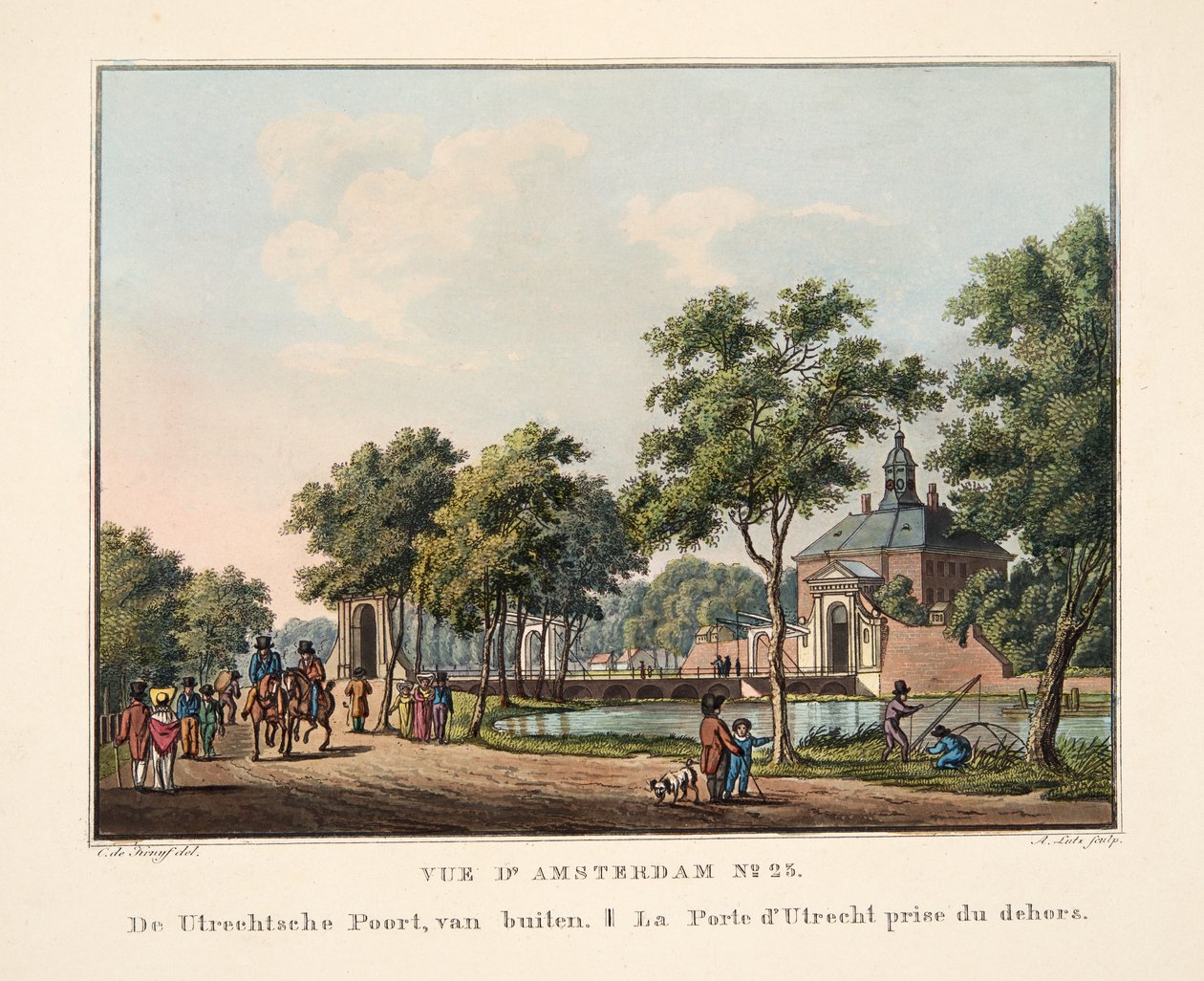 Vue d&39;Amsterdam رقم 23. أوتريشتشي بورت ، من الخارج. جائزة La Porte d&39;Utrecht du dehors ، 1825 (النقش اليدوي) بواسطة كورنيليس دي كرويف