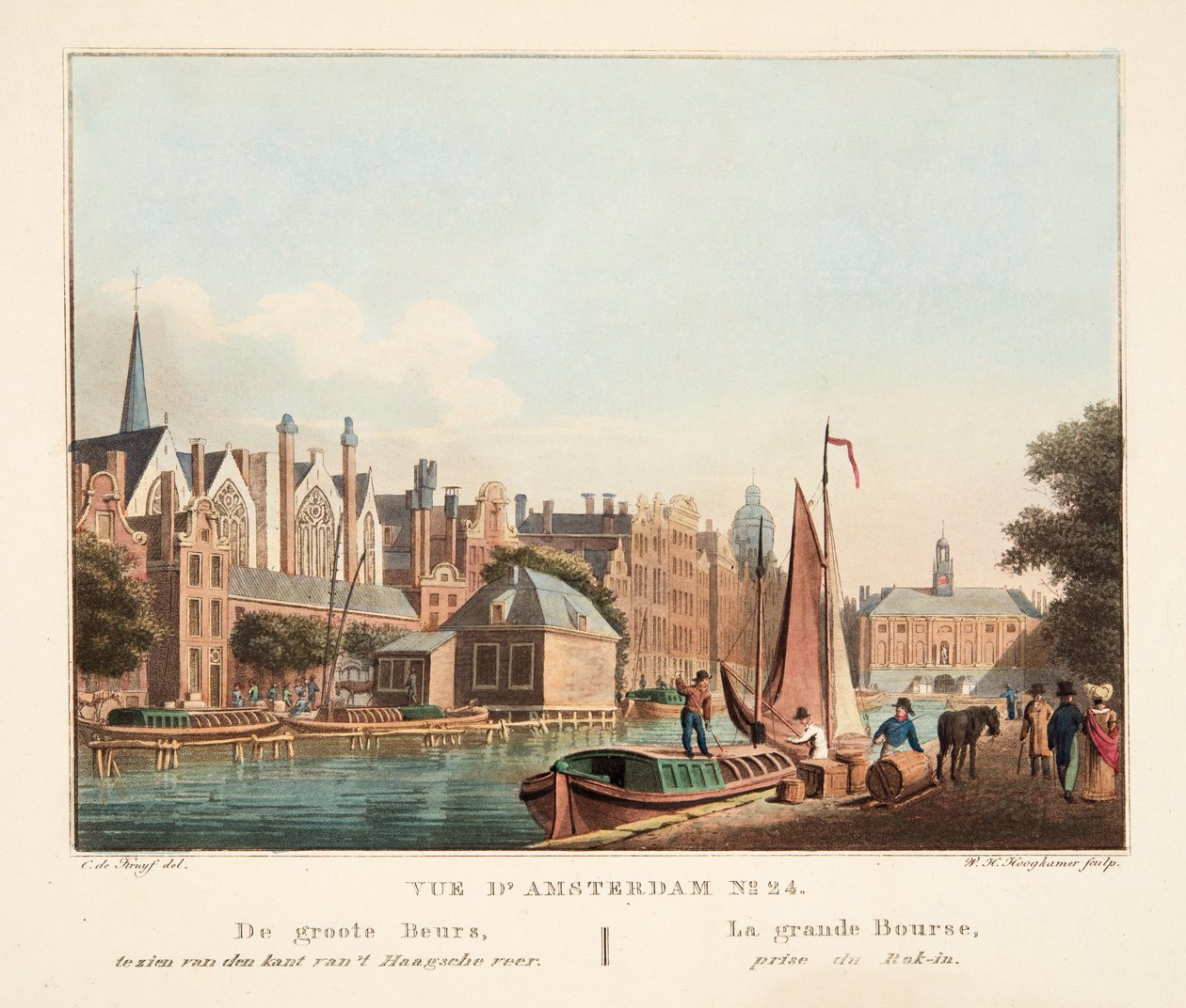 منظر أمستردام رقم 24. De groote Beurs، tezien van den kant van&39;t Kaagsche veer. لا غراندي بورس ، مأخوذة من Rok-in ، 1825 (نقش يدوي) بواسطة كورنيليس دي كرويف