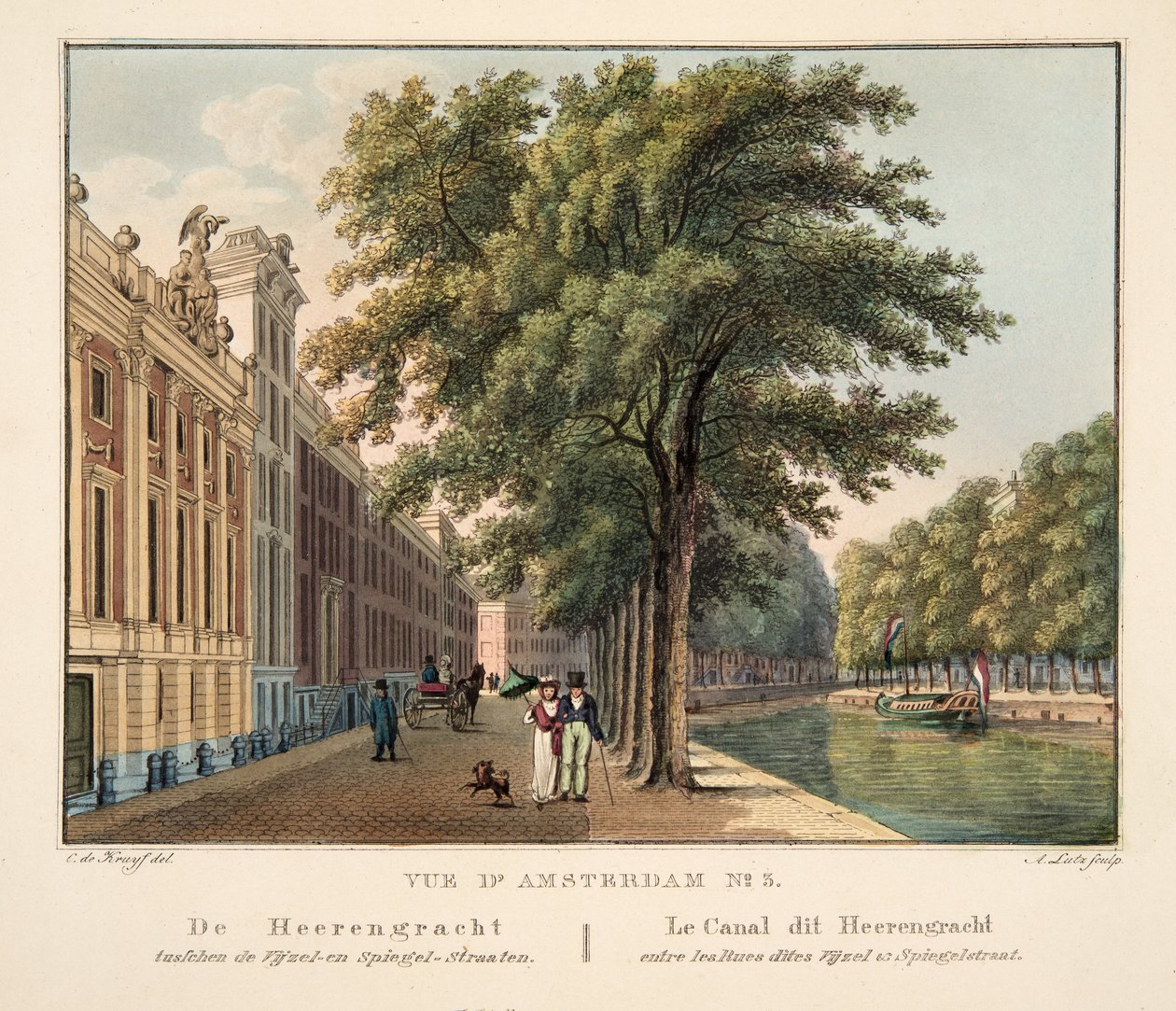 Vue d&39;Amsterdam رقم 3. Heerengracht بين شارع هاون وشارع سبيجل. Le Canal dit Heerengracht entre les Rues dites Vijzel und Spiegelstraat، 1825 (النقش اليدوي) بواسطة كورنيليس دي كرويف