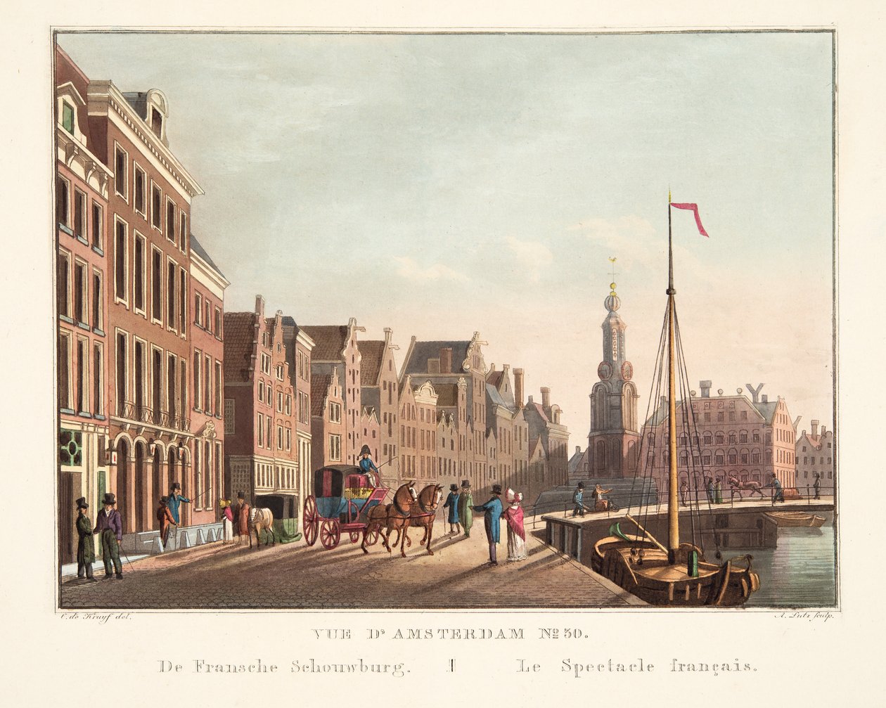 Vue d&39;Amsterdam رقم 30. الفرنسي Schouwburg. Le Spectacle français ، 1825 (نقش يدوي) بواسطة كورنيليس دي كرويف