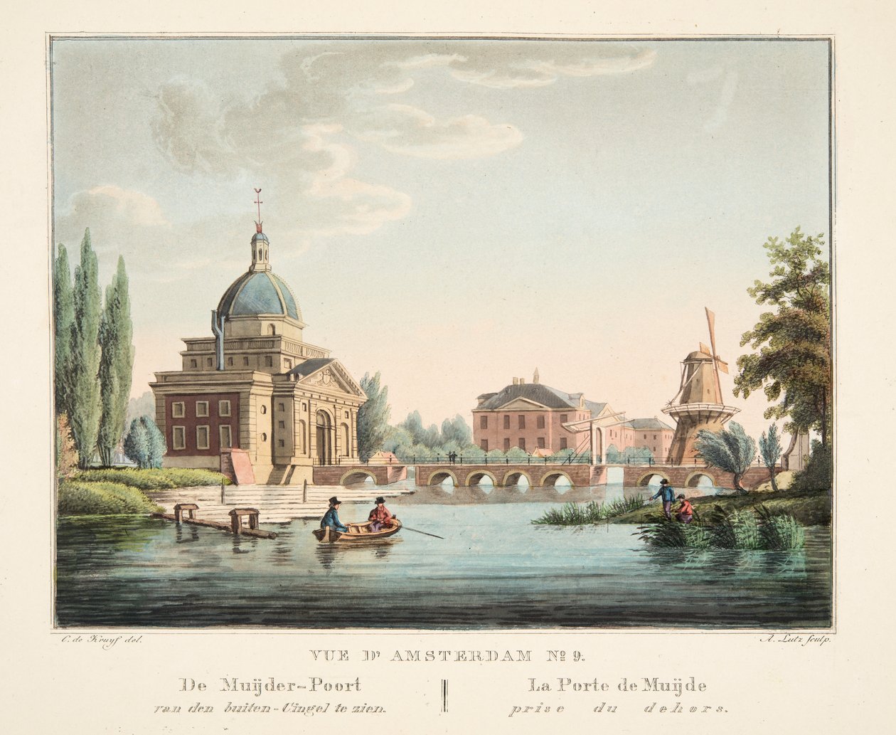Vue d&39;Amsterdam رقم 9. يمكن رؤية بوابة Muijder خارج Cingel. جائزة Port de de Muijde du dehors ، 1825 (نقش يدوي) بواسطة كورنيليس دي كرويف