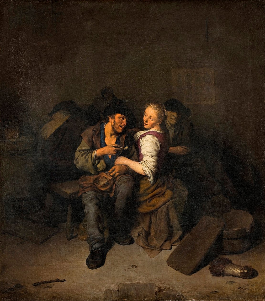 "" شابان في حانة "(زوجان شابان في حانة) لوحة لكورنليس بيترس بيغا (1631 / 2-1664) - 1661 - ألوان زيتية على قماش قاتم 39x34.5 سم هالويلسكا ميوزيت ، ستوكهولم بواسطة كورنيليس بيترسز بيغا