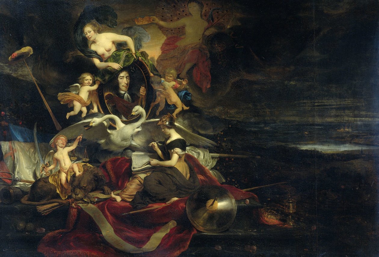 رمزية عن الغارة الهولندية على ميدواي (1667) ، مع صورة لكورنيليس دي ويت بواسطة كورنيليس بيسشوب