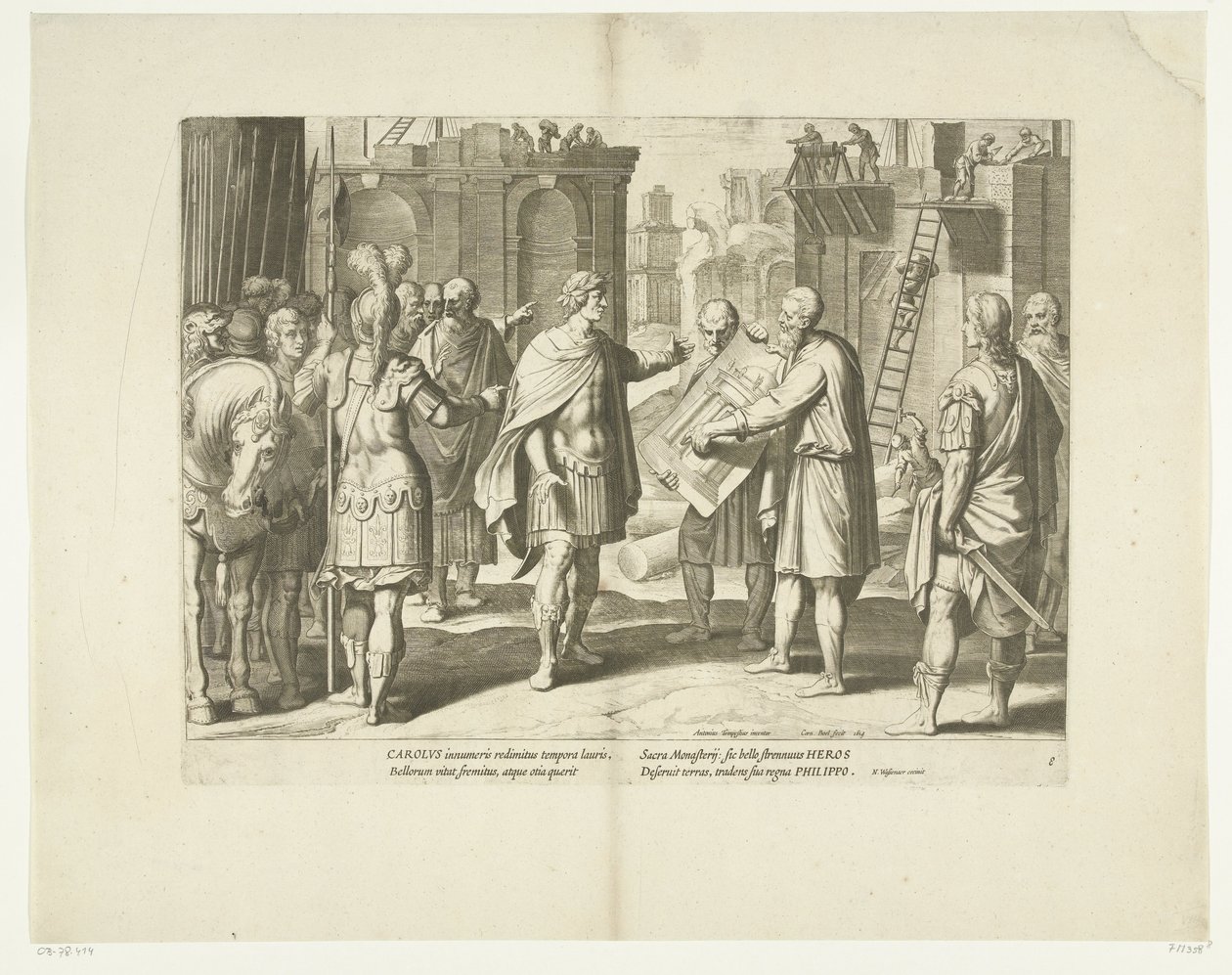 Karel V laat een klooster bouwen، 1555، nr. 8 مشاهد من ليفن فان كاريل الخامس (عنوان المسلسل) حياة الإمبراطور تشارلز الخامس في نقش جميل للغاية ، محفور على تصميمات أ. تيمبيست الشهير ، من قبل اثنين من أمهر الأساتذة ج. بواسطة كورنيليس بويل