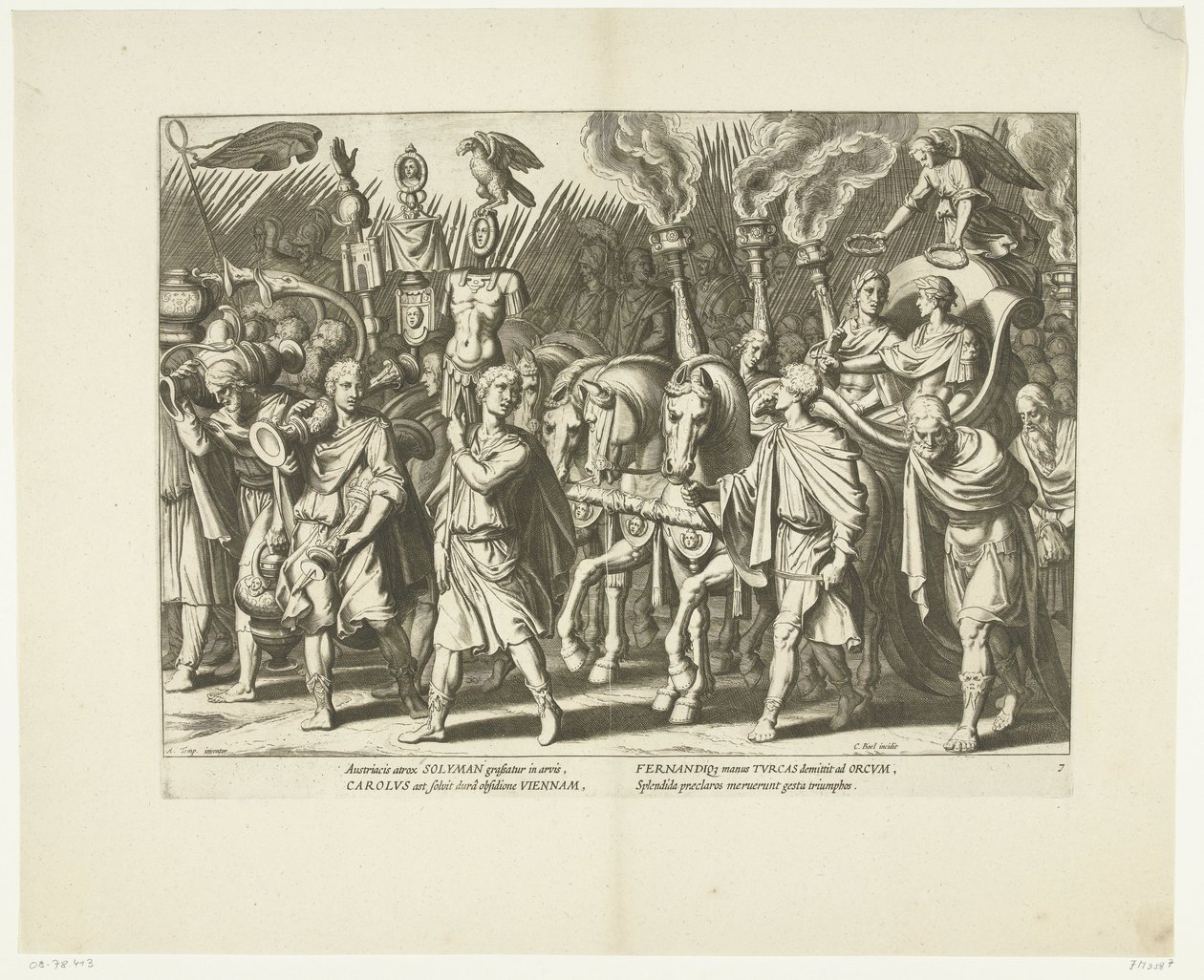 Triomfwagen van Karel V en Ferdinand، na de bevrijding van Wenen van de Turken، ca. 1532 ، لا. 7 مشاهد من ليفن فان كاريل الخامس (عنوان المسلسل) حياة الإمبراطور تشارلز الخامس في نقش جميل للغاية ، محفور على تصميمات A. Tempest الشهيرة بواسطة كورنيليس بويل