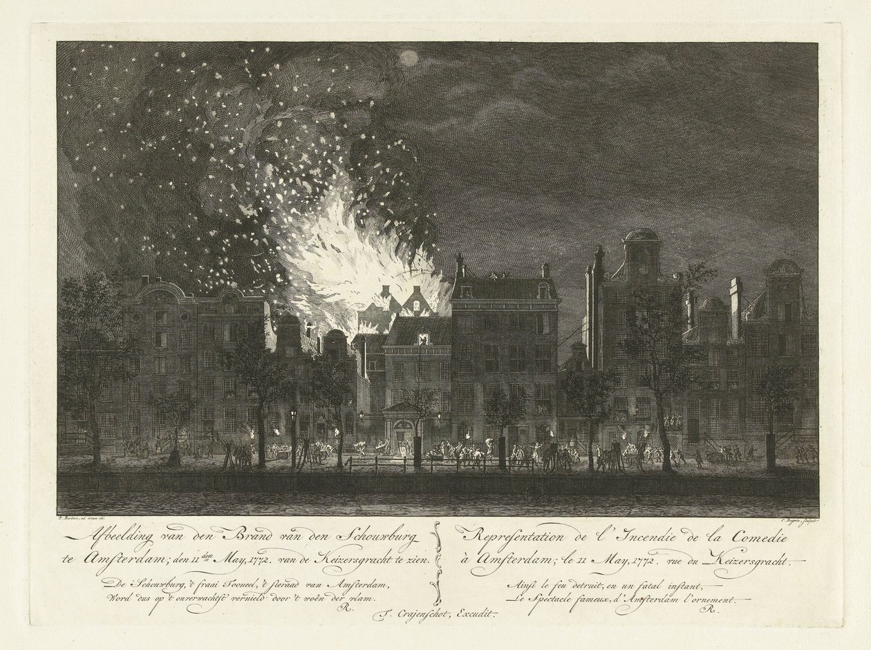 حريق في Amsterdamse Schouwburg يُرى من الجانب الآخر من Keizersgracht ، 1772 تصوير حريق Schouwburg في أمستردام ؛ den 11den may، 1772. يمكن رؤيته من Keizersgracht / Representation de l