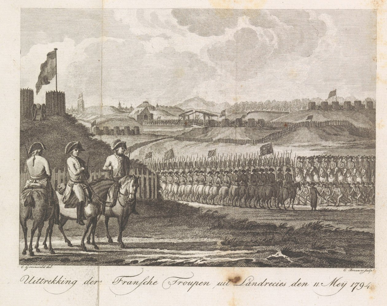 القوات الفرنسية تغادر Landrecy ، 1794 انسحاب المجموعات الفرنسية من Landrecies في 11 مايو 1794 (العنوان على الكائن) بواسطة كورنيليس بروير